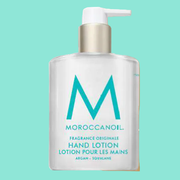 Moroccanoil hand lotion bottle on a white background