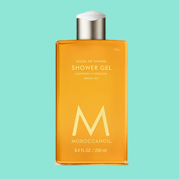 Moroccanoil shower gel bottle on a white background