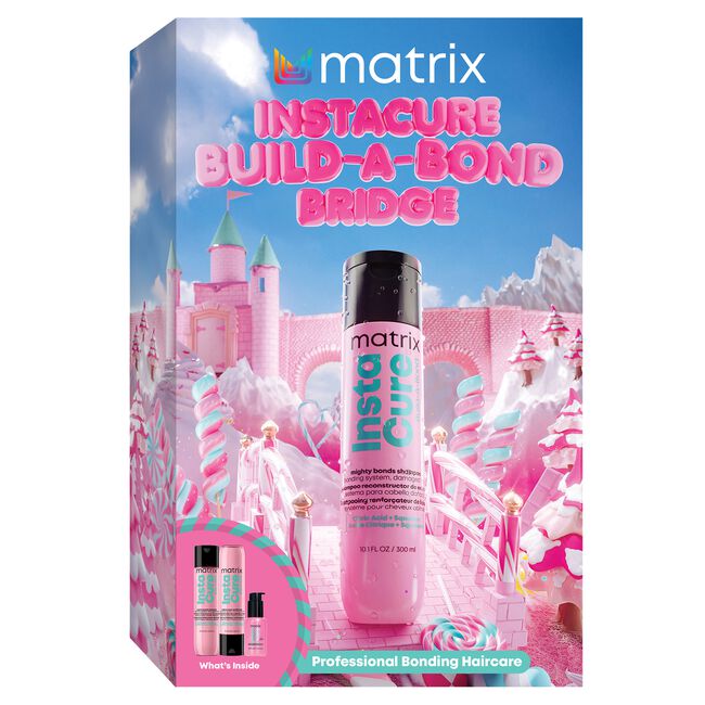 Matrix Instacure Build-A-Bond Bridge hair bonding kit in its retail box, featuring a pink and white candy-themed illustration with a bottle of pink bonding solution and two smaller bottles shown on the front.