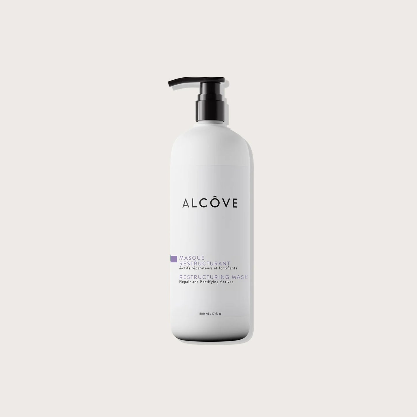 White bottle with black pump labeled 'Alcove' on a light gray background