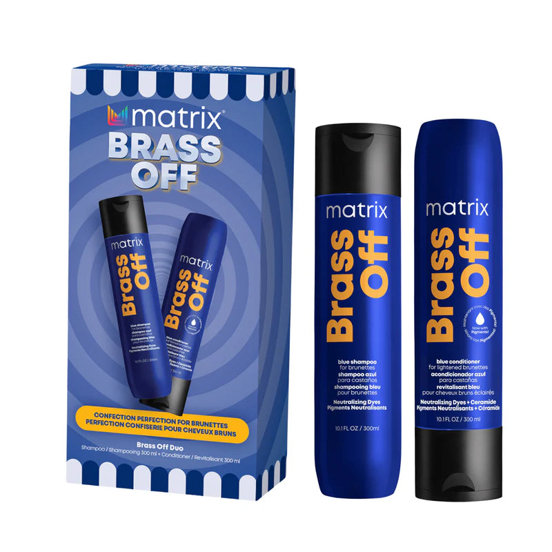 Matrix Brass Off hair care products including shampoo and conditioner with packaging on a white background.