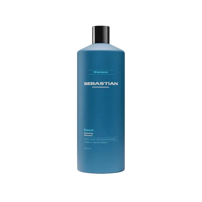 Blue shampoo bottle with black cap on a white background