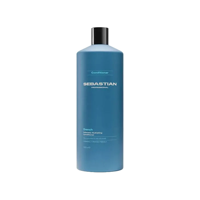 Blue bottle of Sebastian conditioner on a white background