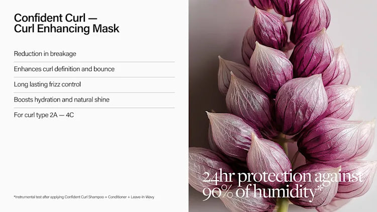Product description of a curl enhancing mask with purple flowers in the background