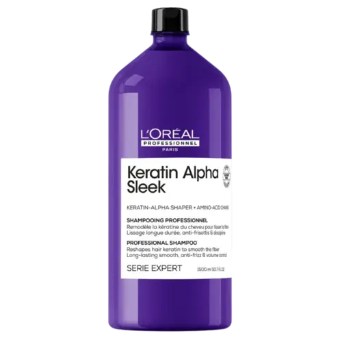 A 1L purple bottle of L'Oréal Professionnel Keratin Alpha Sleek Professional Shampoo on a white background.