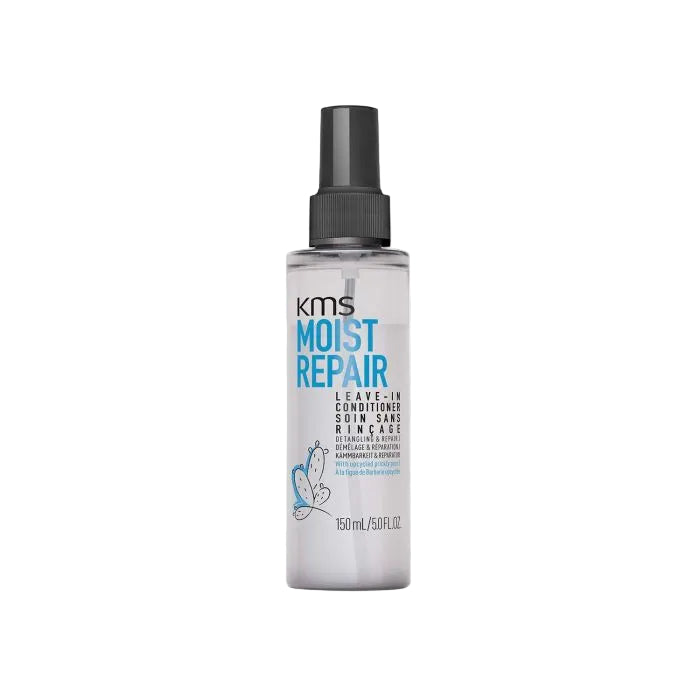 KMS Moist Repair Leave-in Conditioning Hair Sane Balm in a 150 mL clear spray bottle with a black pump, shown against a white background with a faint repeating watermark pattern.