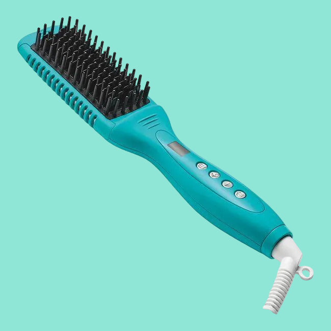 Turquoise hairbrush with black bristles on a white background