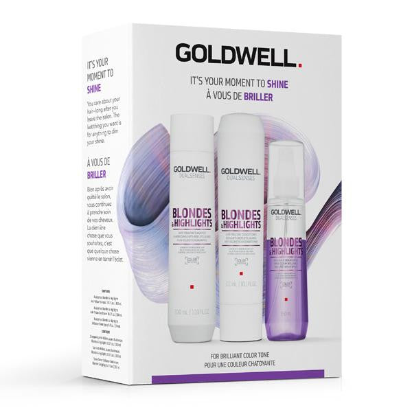 Goldwell Dualsenses Blondes & Highlights Set packaging, featuring three bottles: shampoo, conditioner, and spray serum, with a purple and white design.