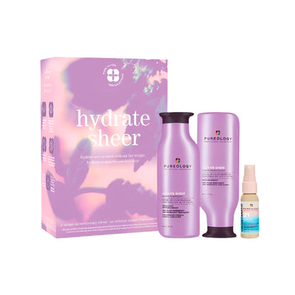 A product image featuring the Pureology Hydrate Sheer Spring Kit which includes a shampoo, conditioner, and a bottle of essence, all presented alongside a box with the product branding.