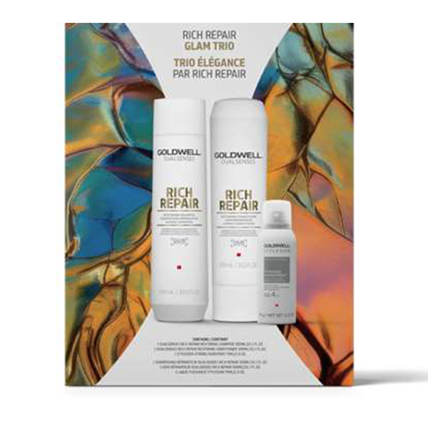 Goldwell Rich Repair hair care product set with colorful abstract design