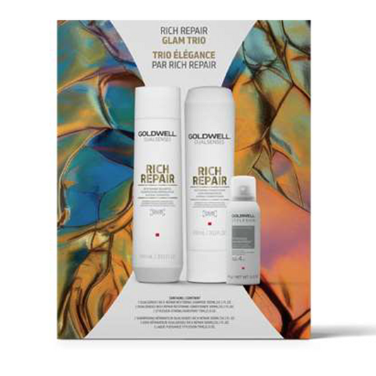 Goldwell Rich Repair hair care product set with colorful abstract design