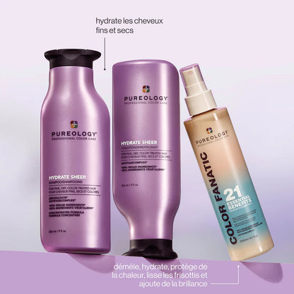 Three Pureology hair care products on a light purple background