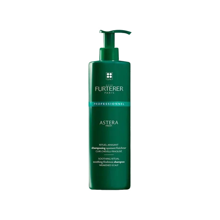 Green shampoo bottle with pump labeled 'Rençe Furterer' 