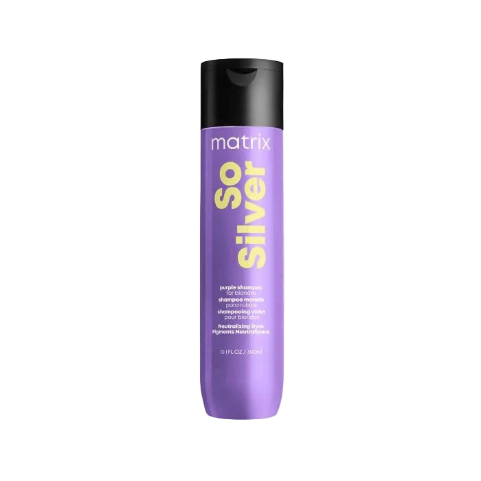 Purple shampoo bottle labeled 'Matrix So Silver' 