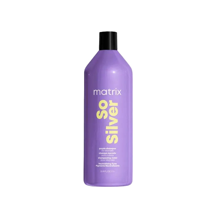 Purple shampoo bottle labeled 'Matrix So Silver' 