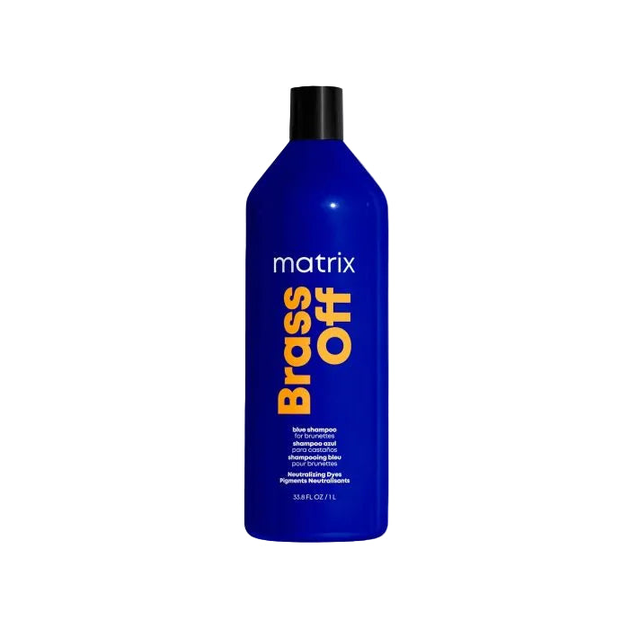 Blue shampoo bottle labeled 'Matrix Brass Off' 