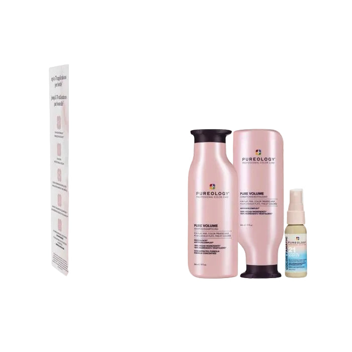 Pure Volume hair care product set with shampoo, conditioner, and serum on a white background.