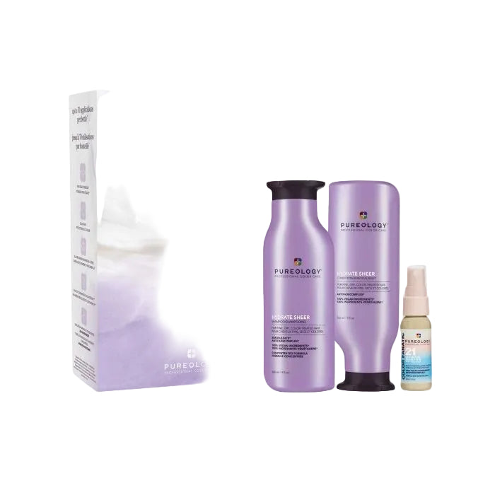Pureology hair care product set with shampoo, conditioner, and serum on a white background