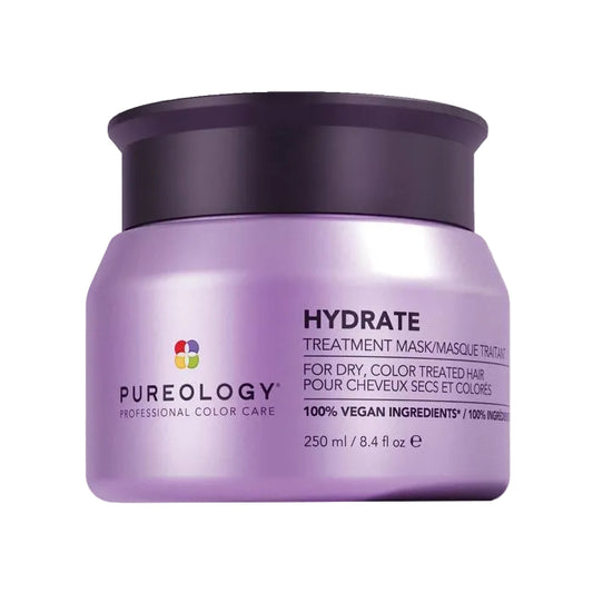 Purple jar of Pureology Hydrate Treatment Mask on a white background