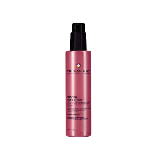 Pink bottle of Pureology hair product on a white background