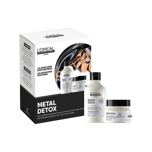 L'Oreal Metal Detox hair care products including a box, shampoo, and mask on 