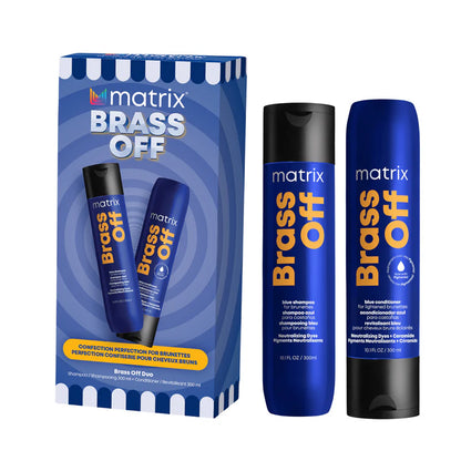 Matrix Brass Off hair care products including shampoo and conditioner with packaging on a white background.