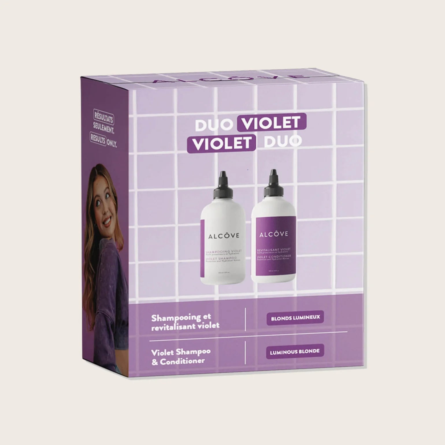 Purple packaging of 'Duo Violet' hair care set with images of a woman and shampoo bottles.