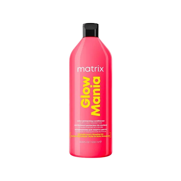 Pink bottle of Matrix Glow Mania conditioner on a white background