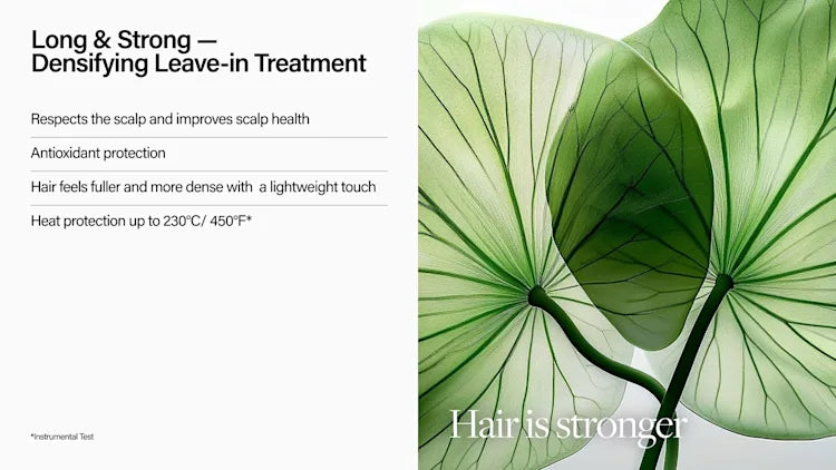 Advertisement for a hair treatment product with green leaves on a white background