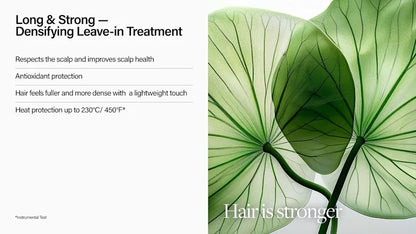 Advertisement for a hair treatment product with green leaves on a white background