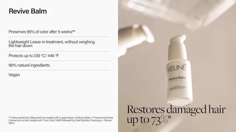 Keune Revive Balm bottle with product details on a white background