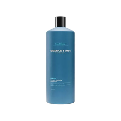 Blue bottle of Sebastian conditioner on a white background