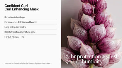 Product description of a curl enhancing mask with purple flowers in the background