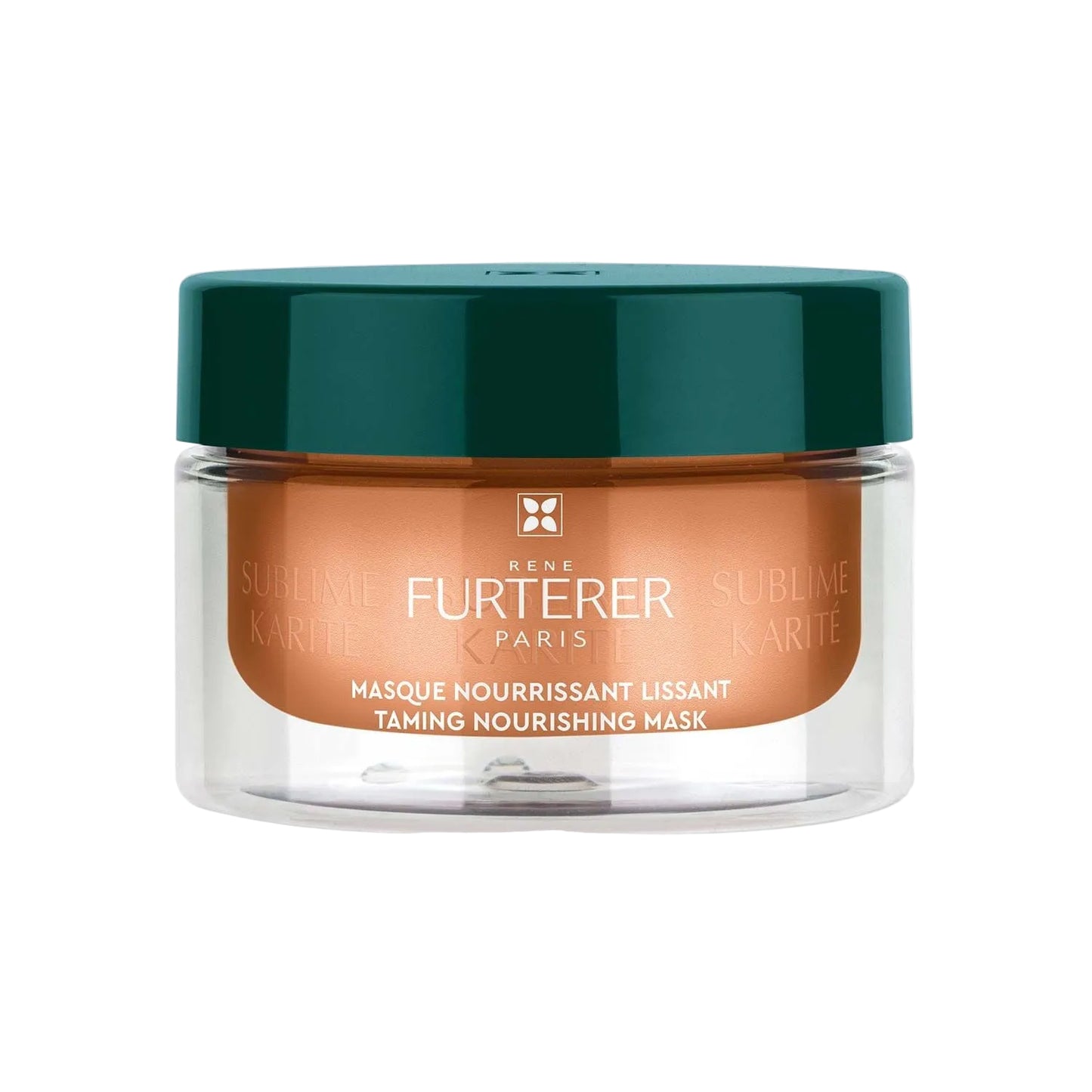 Jar of Rene Furterer taming nourishing mask with green lid on a white background