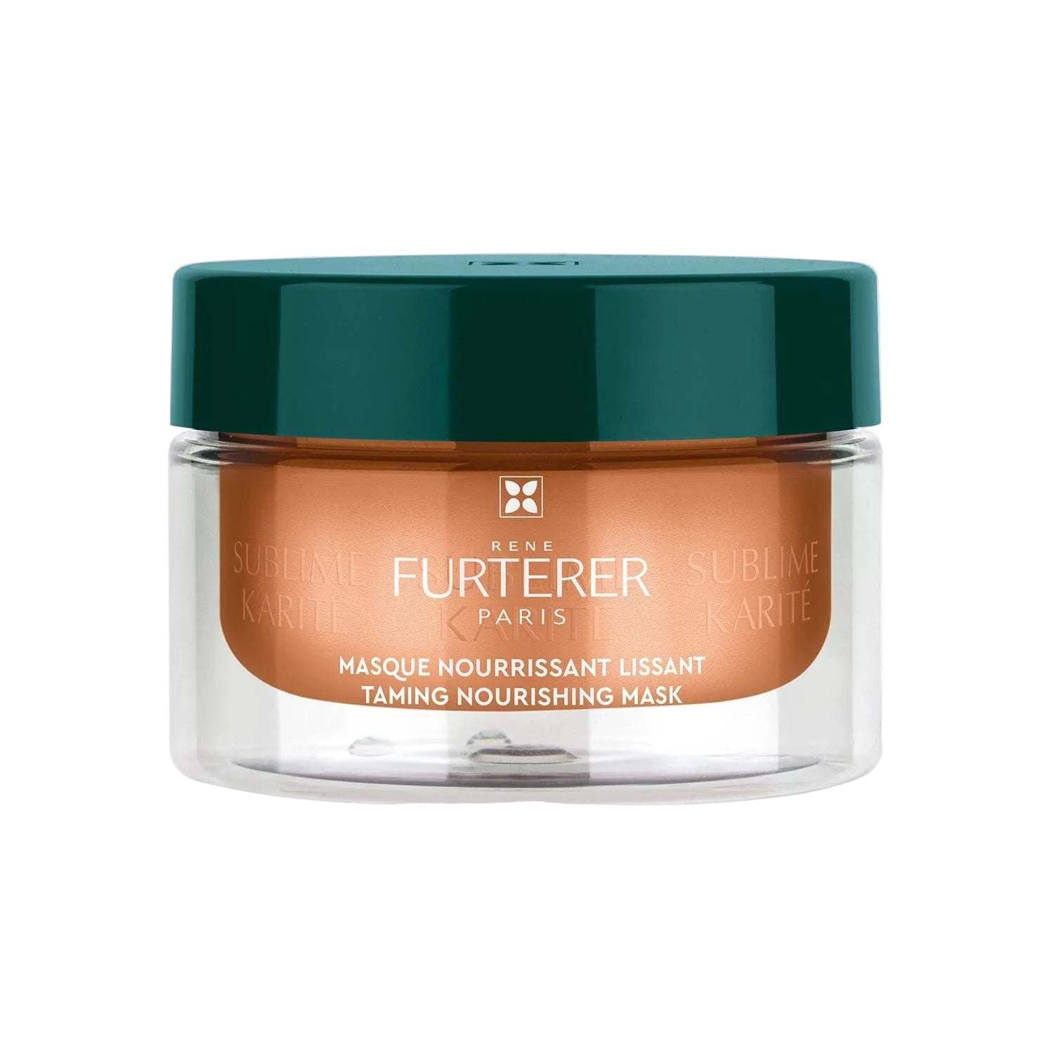 Jar of Rene Furterer taming nourishing mask with green lid on a white background