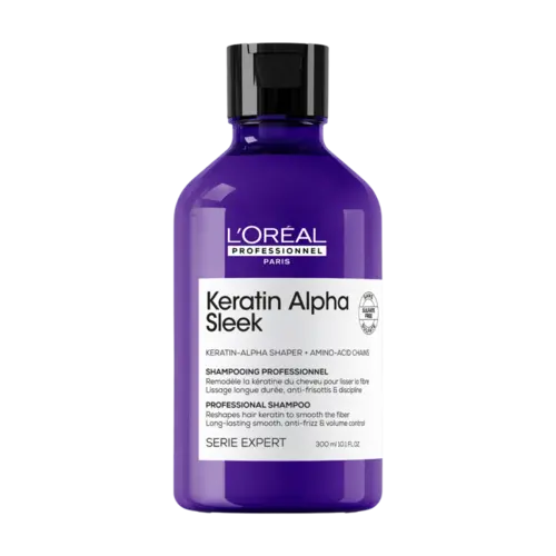 A 300 ml bottle of L'Oréal Professionnel Paris Keratin Alpha Sleek Professional Shampoo, featuring a vibrant purple bottle and a black cap on a plain white background.