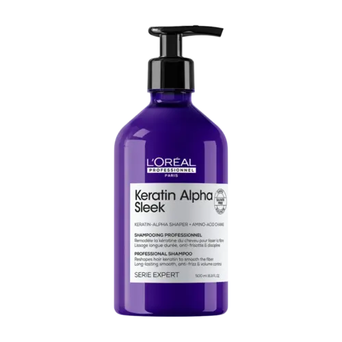 A bottle of L'Oréal Professionnel Keratin Alpha Sleek professional shampoo in a deep purple bottle with a black pump dispenser and a white label.