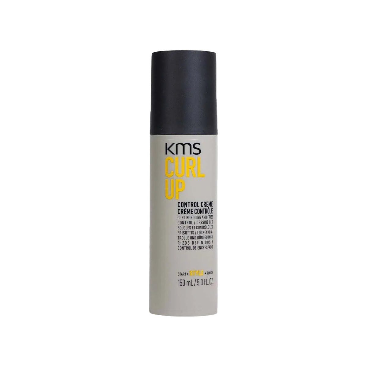 KMS Curl Up Control Creme Controlling Spray bottle on a white background with a faint repeating watermark pattern. The bottle is light gray with a black cap and features yellow and black text.
