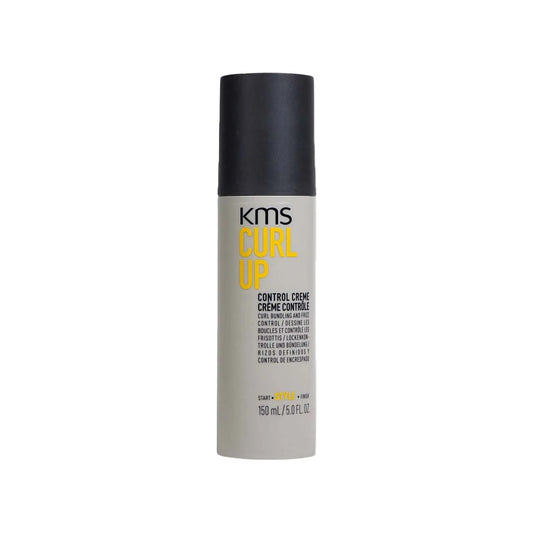 KMS Curl Up Control Creme Controlling Spray bottle on a white background with a faint repeating watermark pattern. The bottle is light gray with a black cap and features yellow and black text.